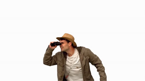 Man-jumping-and-using-binoculars-on-white-screen