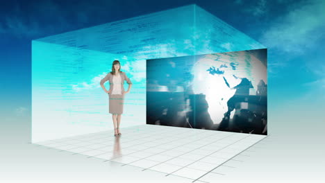 Animation-of-woman-presenting-the-weather