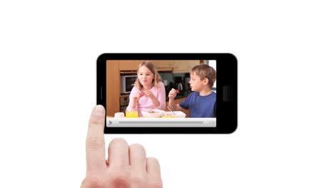 Hand-using-smartphone-screen-to-press-play-family-clip