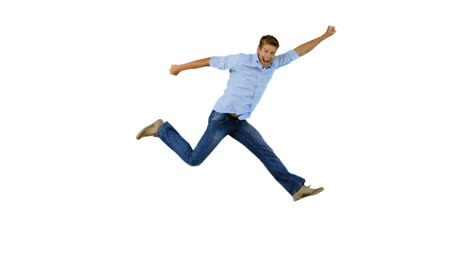 Man-jumping-and-gesturing-on-white-background