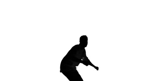 Silhouette-of-a-man-jumping-and-raising-arms-on-white-background