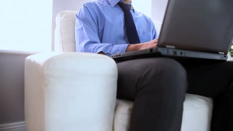 Portrait-of-a-businessman-using-a-laptop-on-a-couch