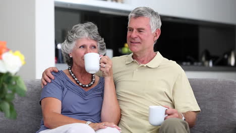 Pareja-Madura-Charlando-Junto-Con-Una-Taza-De-Café-En-Un-Sofá