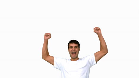 Cheerful-man-raising-arms-on-white-screen