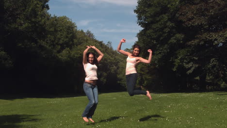 Two-young-friend-jumping-in-the-air