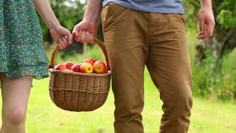 Couple-holding-basket-full-of-apples-