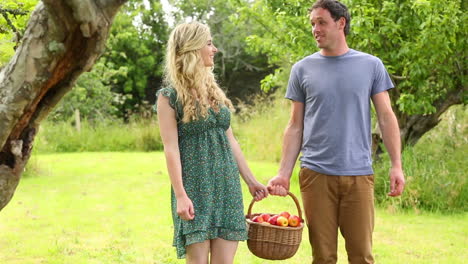 Happy-couple-holding-basket-full-of-apples-