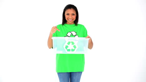 Friendly-smiling-environmental-activist-showing-a-basket-with-the-recycling-symbol-on-it