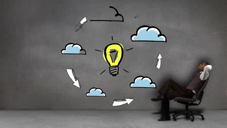 Businessman-sitting-in-front-of-animated-clouds-circling-light-bulb