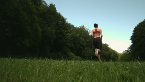 Niedrige-Winkelansicht-Des-Rückens-Einer-Sportlichen-Frau,-Die-Auf-Gras-Läuft