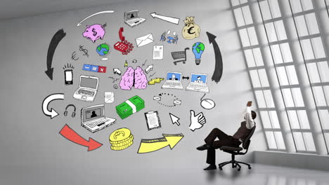 Businessman-sitting-next-to-animated-brain-having-ideas