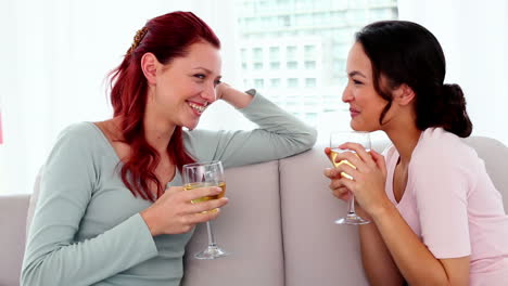 Content-young-women-drinking-wine-while-sitting-chatting-on-couch