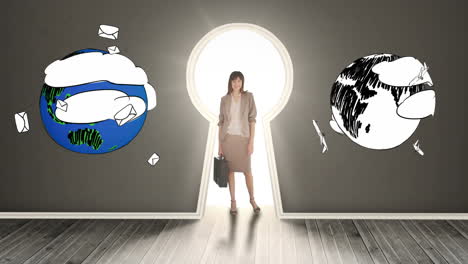 Businesswoman-posing-in-glowing-keyhole-surrounded-by-spinning-earths