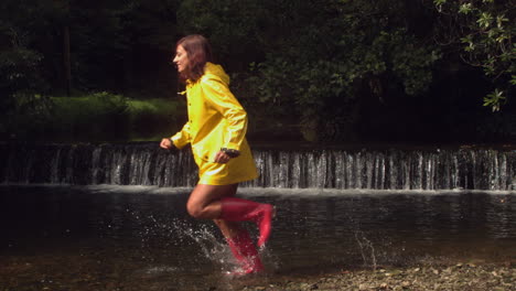 Woman-in-yellow-rain-coat-running-through-water