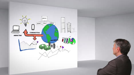 Colored-animation-showing-business-plan-in-3d-room-and-man-watching
