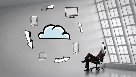 Businessman-sitting-next-to-animated-electronic-devices-circling-cloud