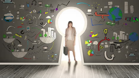Businesswoman-posing-in-glowing-keyhole-surrounded-by-animations