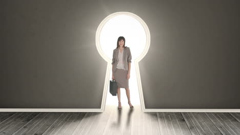 Businesswoman-posing-in-glowing-keyhole