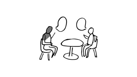 Animation-of-slowly-appearing-painted-people-sitting-at-desk-chatting