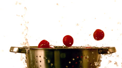 Cherry-tomatoes-and-water-falling-into-colander