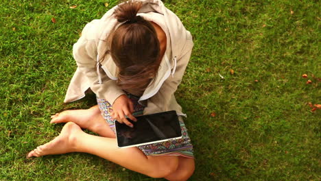 Student-working-with-tablet-pc-sitting-on-lawn
