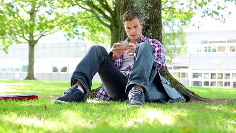 Young-student-sitting-on-the-grass-texting