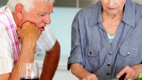 Senior-couple-preparing-a-healthy-meal-while-drinking-red-wine