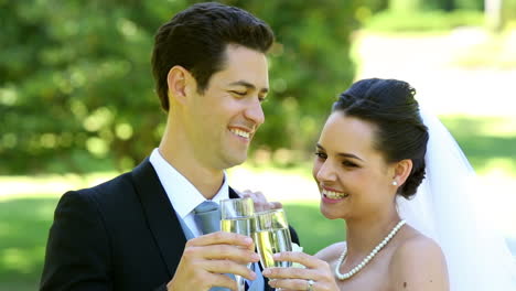 Glückliches-Brautpaar-Stößt-Mit-Champagner-An