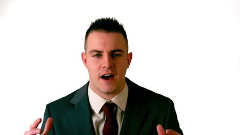 Businessman-shouting-at-the-camera-on-white-background