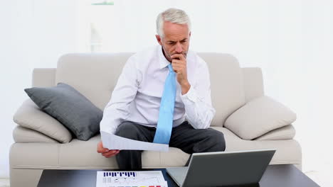 Businessman-working-on-the-couch-and-smiling-at-camera