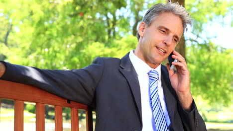 Businessman-sitting-on-park-bench-talking-on-phone