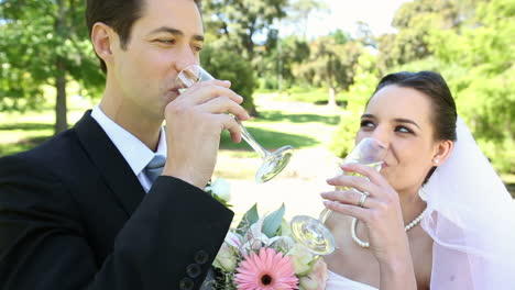 Felices-Recién-Casados-Brindando-Con-Champán-Junto-Al-Pastel-De-Bodas