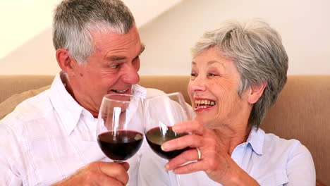 Senior-couple-sitting-on-couch-having-red-wine