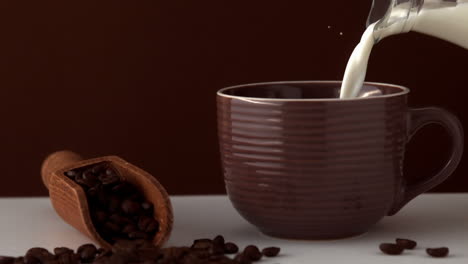 Milk-pouring-into-brown-coffee-cup