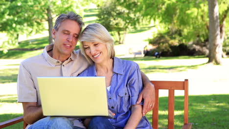 Affectionate-couple-sitting-on-park-bench-using-laptop