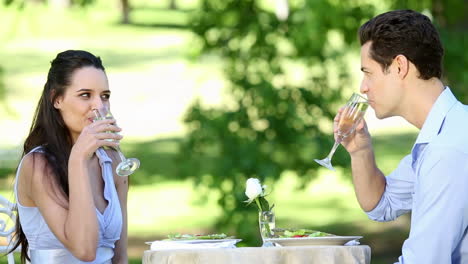 Pareja-Teniendo-Una-Comida-Romántica-Juntos-Afuera