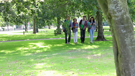 Estudiantes-Felices-Caminando-Sobre-La-Hierba