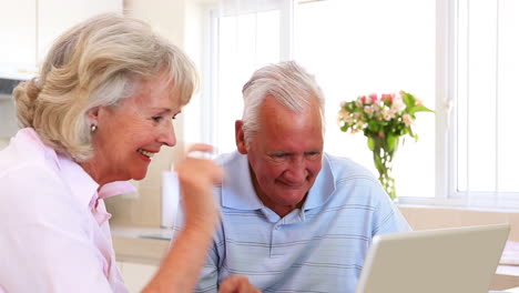 Senior-couple-sitting-at-counter-using-laptop