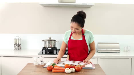 Mujer-Sonriente-Mirando-Su-Libro-De-Recetas