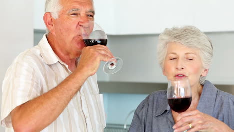 Senior-couple-preparing-a-healthy-salad-while-drinking-red-wine