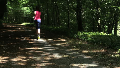 Fit-brunette-jogging-through-a-forest