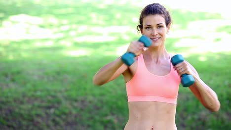 Fit-woman-punching-with-dumbbells-in-the-park