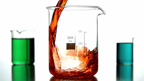 Orange-liquid-pouring-into-beaker