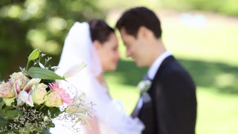 Felices-Recién-Casados-De-Pie-En-El-Parque