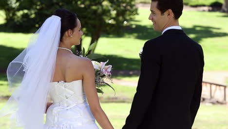 Newlyweds-standing-in-the-park-holding-hands