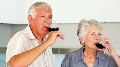 Pareja-Mayor-Preparando-Una-Ensalada-Saludable-Mientras-Bebe-Vino-Tinto