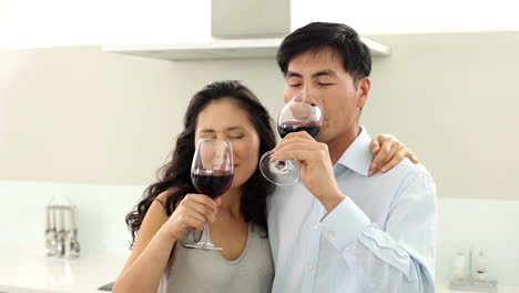 Couple-drinking-red-wine-and-smiling-at-camera
