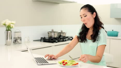 Mujer-Bonita-Usando-Laptop-Y-Comiendo-Ensalada