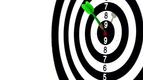 Green-dart-hitting-the-bullseye-on-white-background