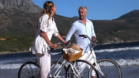 Carefree-couple-walking-on-the-beach-with-their-bikes